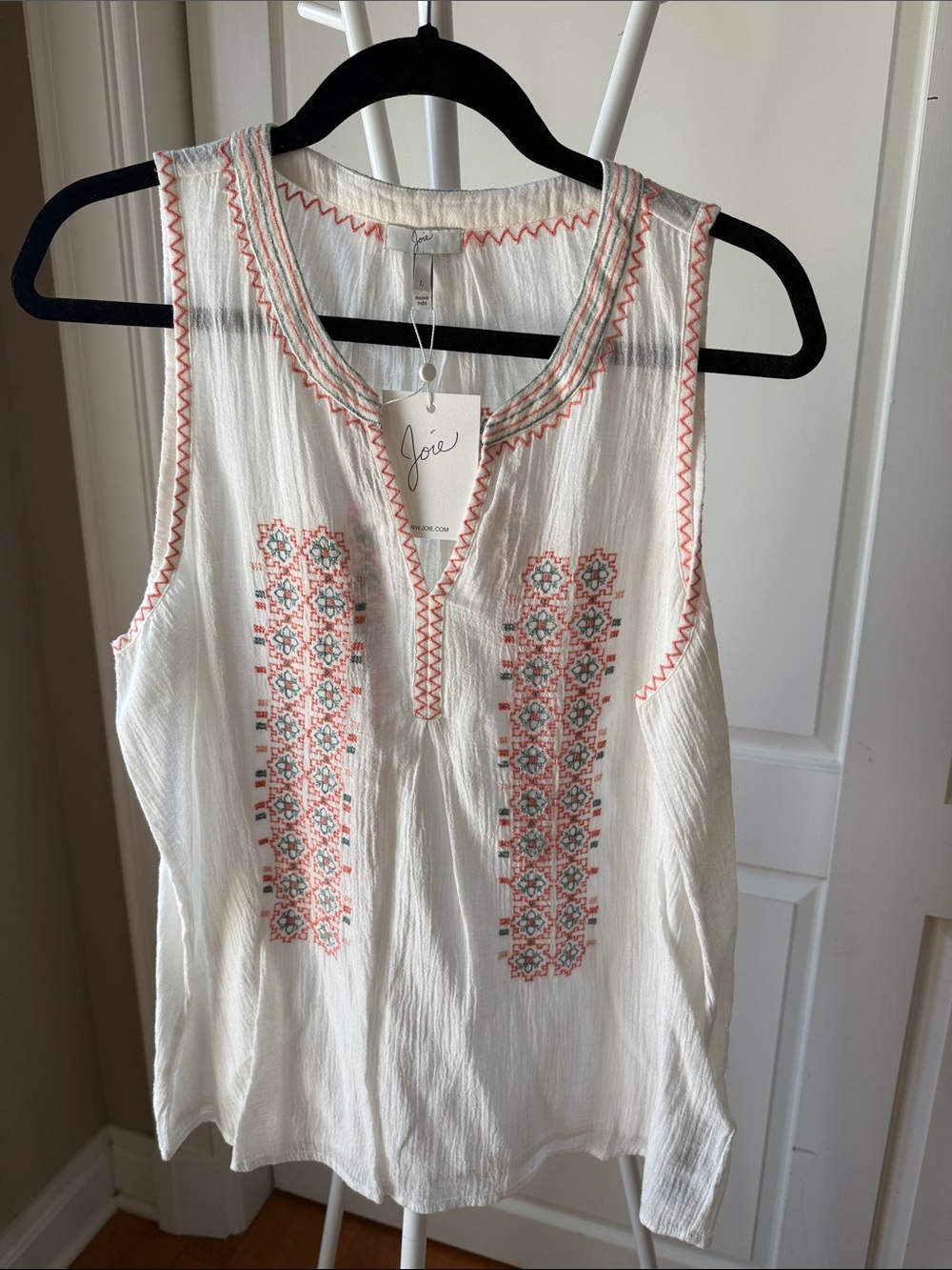 Joie White Sleeveless Embroidered Cotton Camisole with Coral and Teal Accents